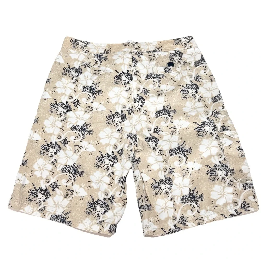 Mens Y2K Hawaiian Print Relaxed Cargo Shorts 36 Surfer Skater Floral Preppy Tiki